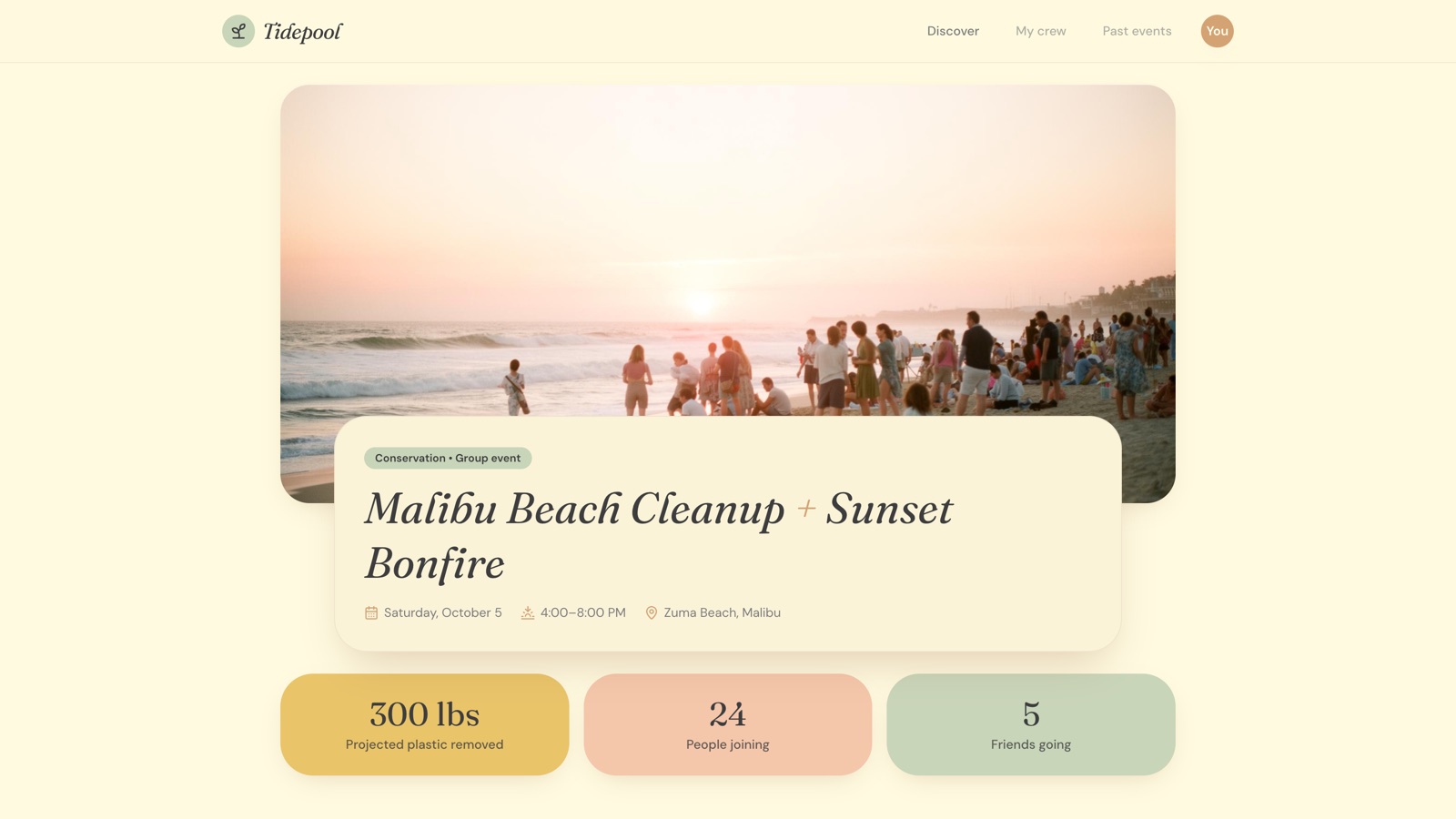 Tidepool event page for a beach cleanup, with friends going shown beside the projected impact